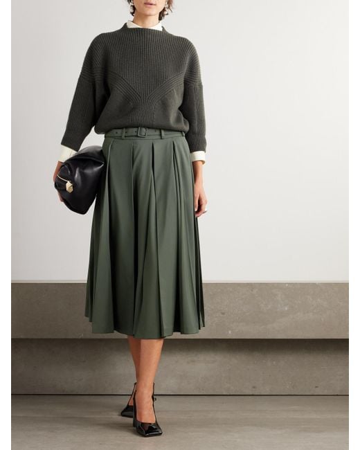 Patou Green Belted Pleated Stretch-Wool Twill Midi Skirt
