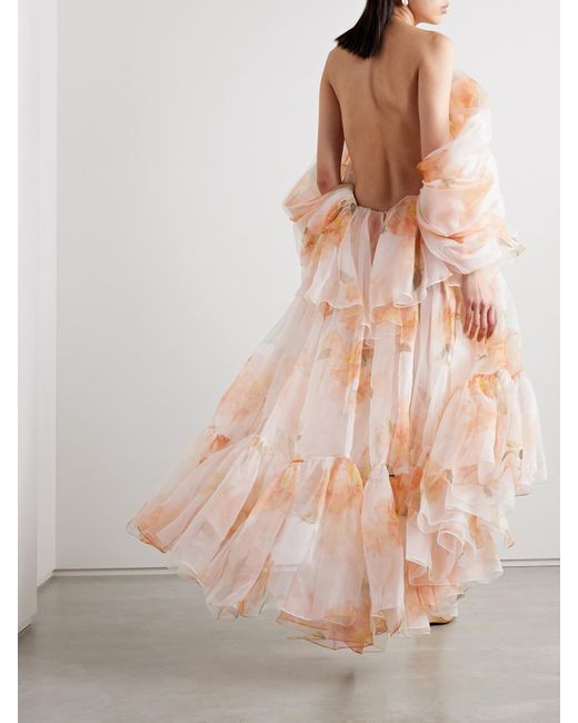 Zimmermann Pink Natura Tiered Floral-Print Silk-Organza Halterneck Midi Dress