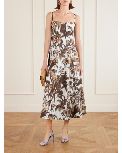 Oscar de la Renta White Paneled Printed Cotton-Blend Poplin Midi Dress