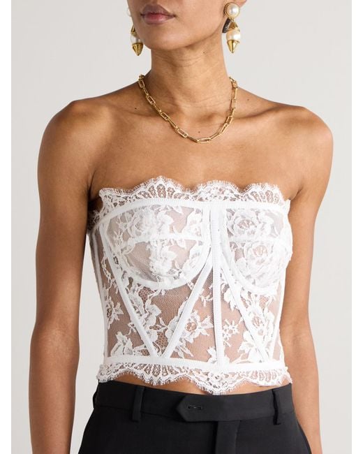 Dolce & Gabbana White Grosgrain-Trimmed Lace Bustier Top