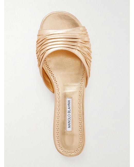 Manolo Blahnik Natural Parua Pleated Metallic Leather Slides
