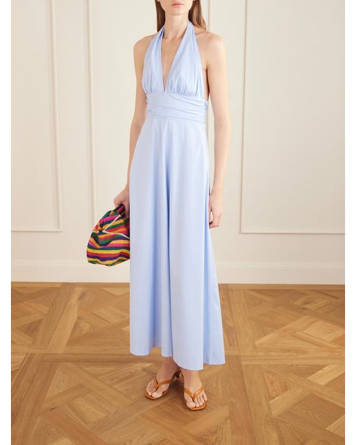 BERNADETTE Blue Marilyn Organic Cotton-Blend Poplin Halterneck Maxi Dress