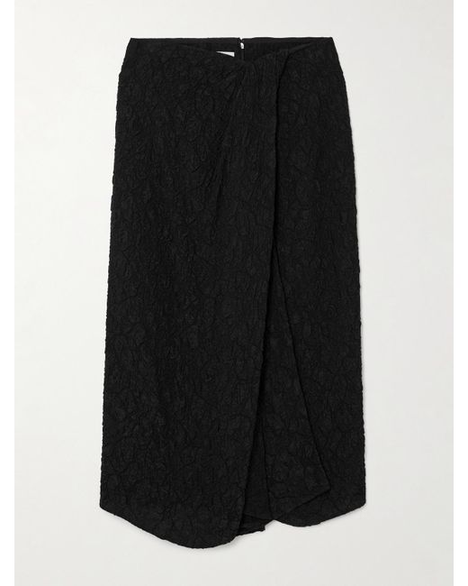 Dries Van Noten Black Draped Wrap-Effect Cloqué Midi Skirt