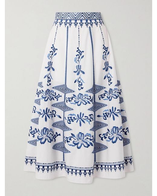 Emporio Sirenuse Blue Camille Embroidered Cotton-Blend Midi Skirt