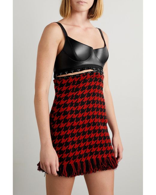 Monse Red Leather-Trimmed Fringed Knitted Mini Dress