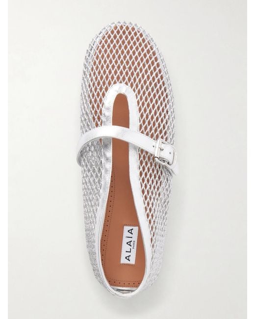 Alaïa White Metallic Leather-Trimmed Mesh Ballet Flats