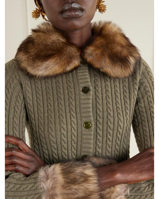 Saint Laurent Green Shearling-Trimmed Cable-Knit Cashmere Cardigan