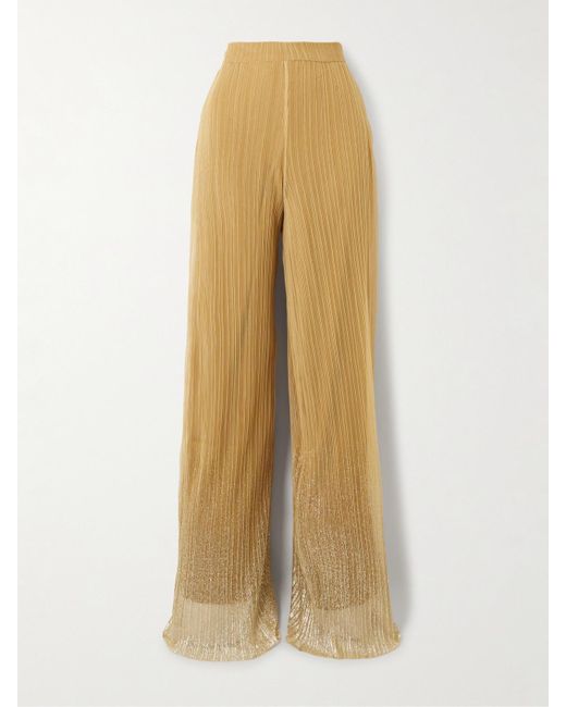 Dima Ayad Natural Metallic Plissé Tulle Wide-Leg Pants