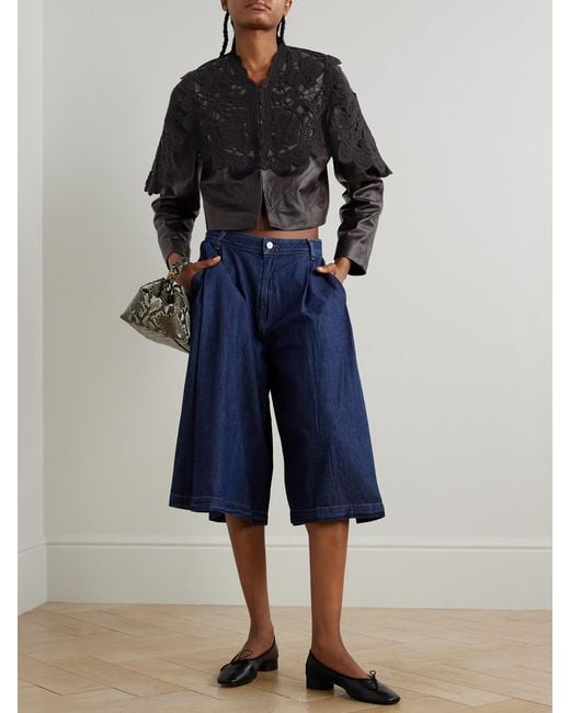 Sea Black Gwen Cropped Scalloped Crochet-Trimmed Leather Jacket