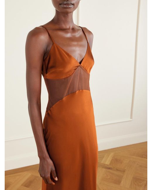 Kiki de Montparnasse Brown Maxime Tulle-Trimmed Silk-Blend Satin Nightdress