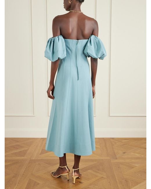 Ulla Johnson Blue Nina Off-The-Shoulder Paneled Twill Midi Dress