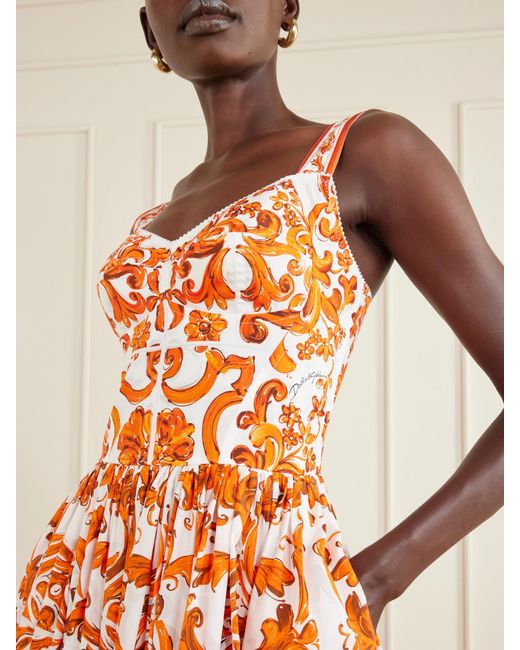 Dolce & Gabbana White Pleated Printed Cotton-Poplin Midi Dress
