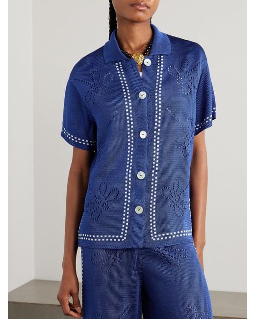 Calle Del Mar Blue Garden Party Pointelle-Knit Shirt