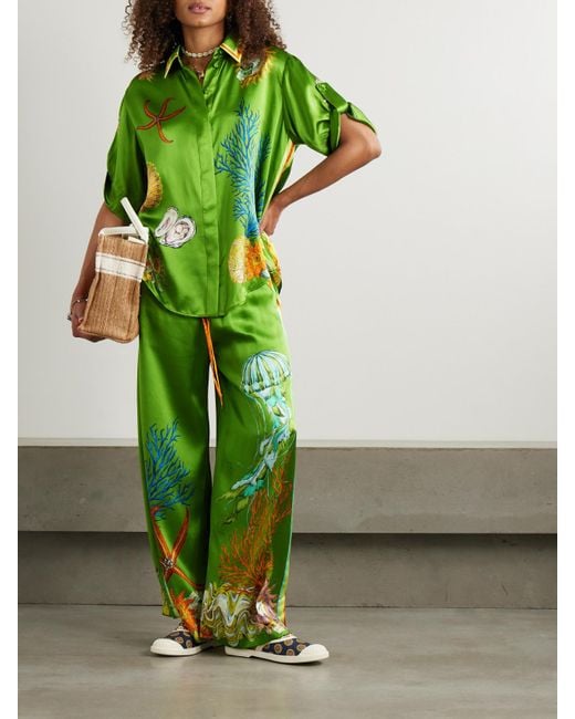 ALÉMAIS Green Sam Pauletto Aquatica Hemd Aus Seidensatin Mit Prints