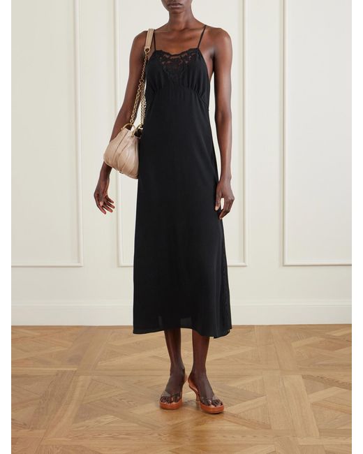 Chloé Black Lace-Trimmed Silk Crepe De Chine Midi Dress
