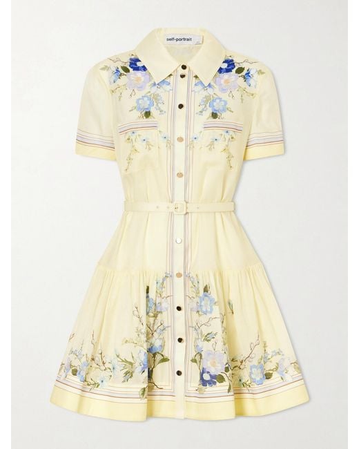 Self-Portrait Metallic Belted Floral-Print Organza Mini Shirt Dress