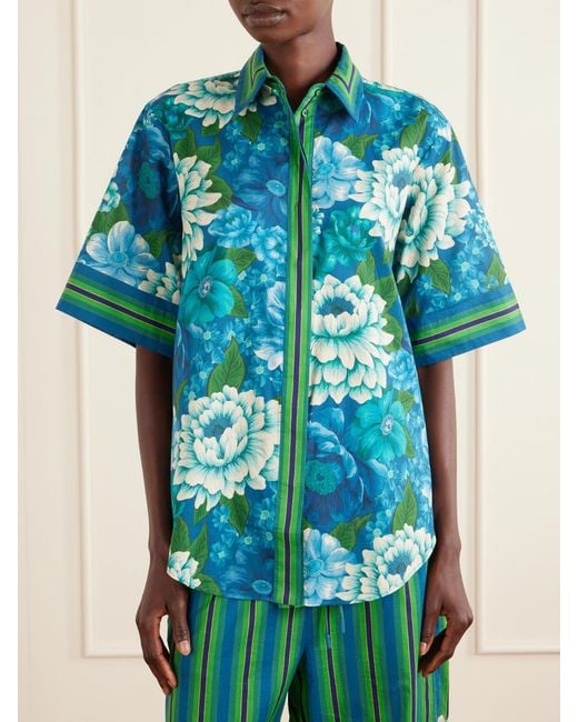 ALÉMAIS Blue Margo Striped Floral-Print Organic Cotton-Voile Shirt