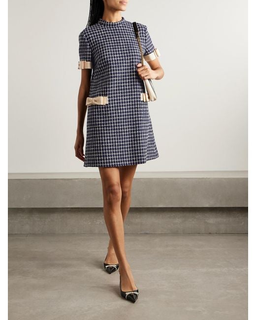Valentino Garavani Blue Bow-Embellished Checked Wool-Blend Bouclé Mini Dress