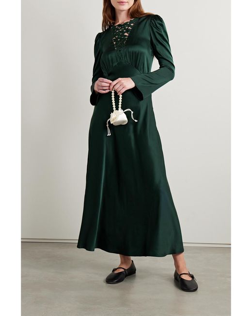 Doen Green Melinda Embroidered Silk-Satin Midi Dress