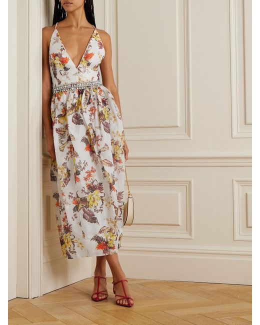 Zimmermann White Matchmaker Embellished Floral-Print Linen And Silk-Blend Midi Dress
