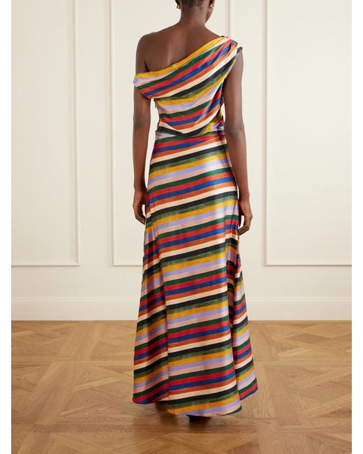 Staud White Phare One-Shoulder Draped Striped Silk-Blend Satin Maxi Dress