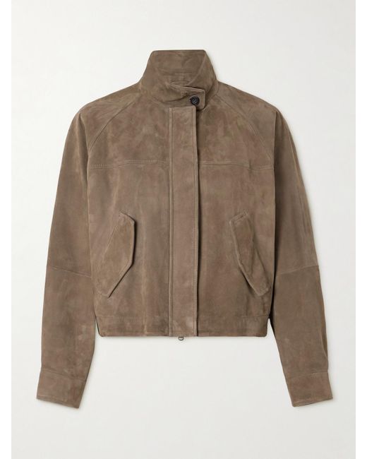 Brunello Cucinelli Brown Cropped Bead-Embellished Suede Jacket