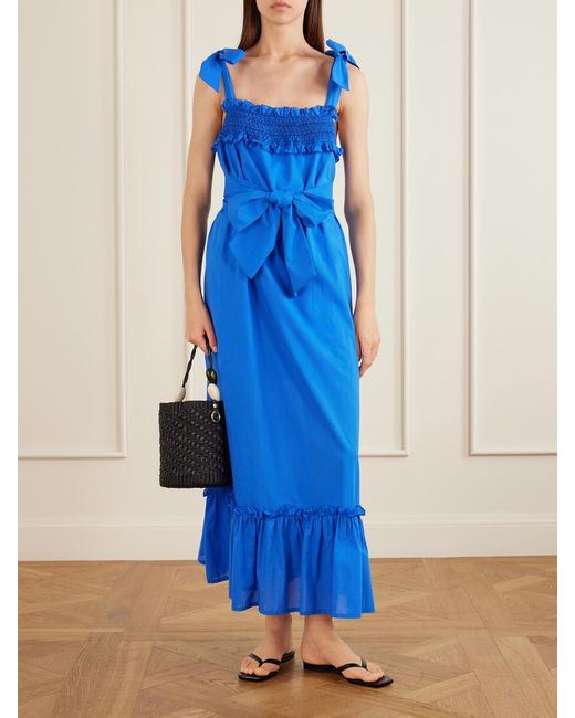 Loretta Caponi Blue Armida Belted Ruffled Smocked Cotton-Poplin Maxi Dress