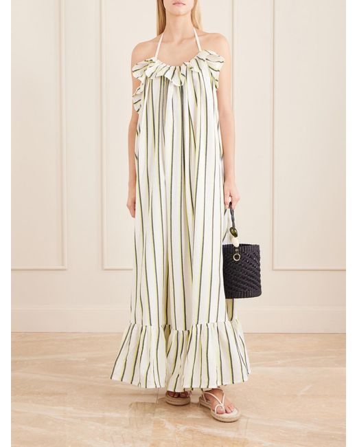 Marrakshi Life White Ruffled Striped Cotton Maxi Dress