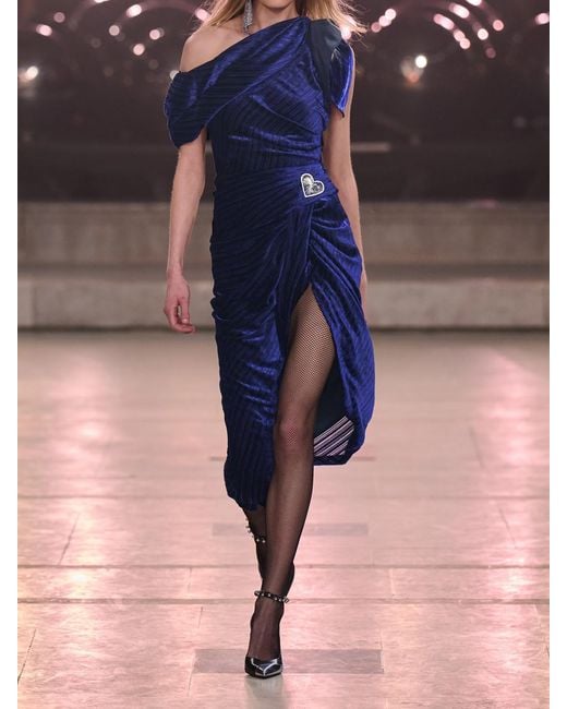 Isabel Marant Blue Cyane Asymmetric Ruched Devoré-Velvet Midi Dress