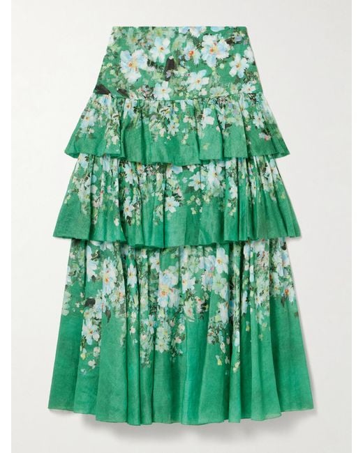 Zimmermann Green Everley Tiered Floral-Print Ramie Maxi Skirt