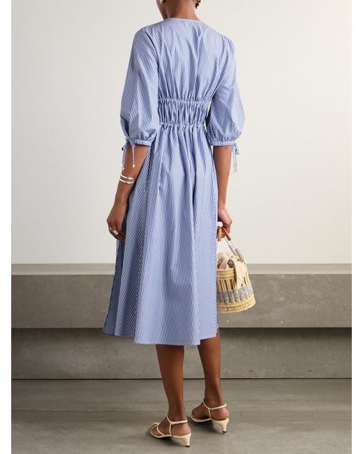 Altuzarra Blue Donrine Faux Pearl-Embellished Tie-Detailed Striped Cotton Midi Dress