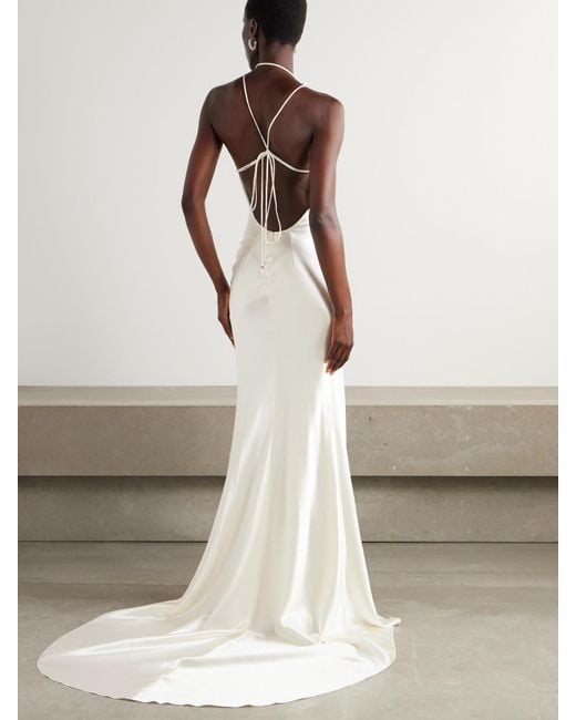 Danielle Frankel White Stella Open-back Silk And Wool-blend Satin Halterneck Gown