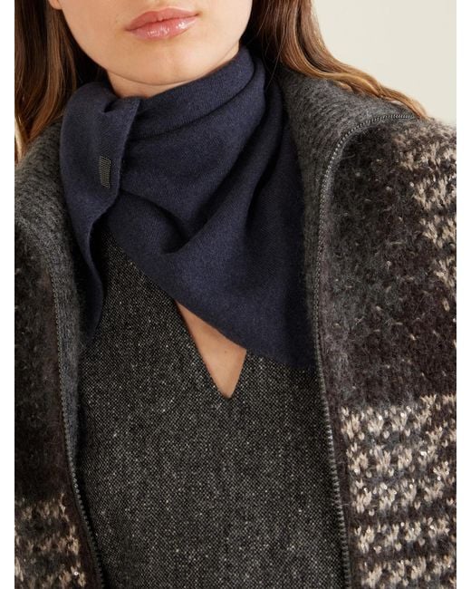Brunello Cucinelli Blue Bead-Embellished Cashmere Scarf