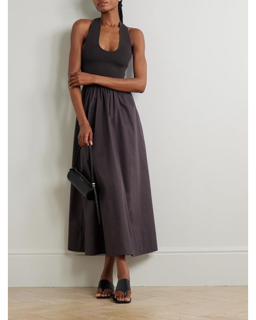 St. Agni Brown Ribbed-Knit And Cotton-Poplin Midi Dress