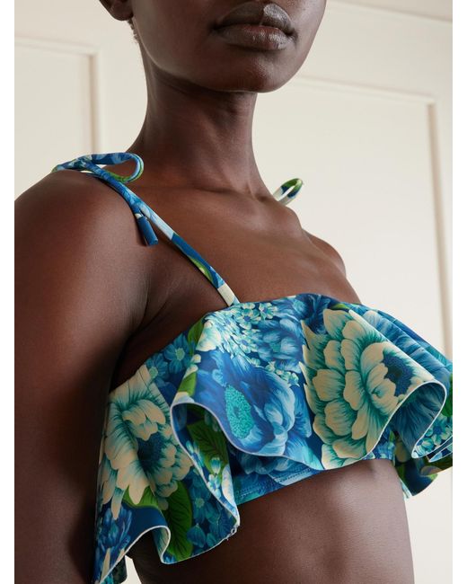 ALÉMAIS Blue Margo Ruffled Floral-Print Bikini Top