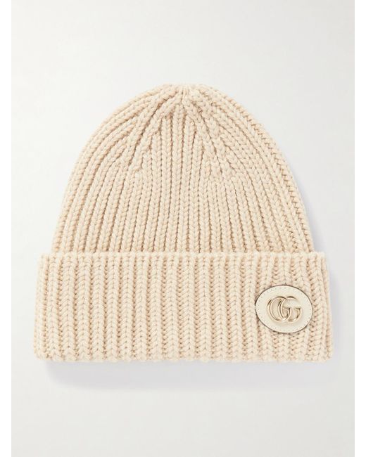 Gucci Natural Victor Appliquéd Ribbed Metallic Wool-Blend Beanie