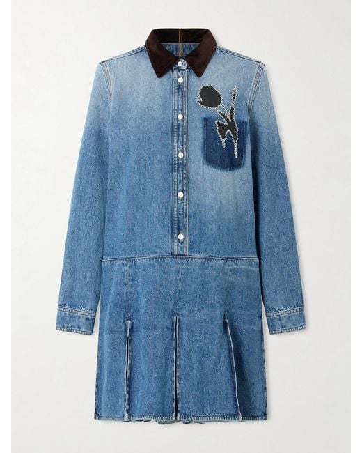 Marni Blue Velvet-Trimmed Appliquéd Pleated Denim Mini Dress
