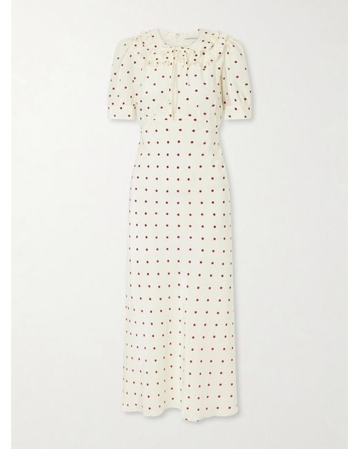 Alessandra Rich White Ruffled Polka-Dot Silk Midi Dress