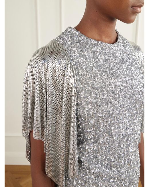 Rabanne Gray Chainmail-Trimmed Sequined Mesh Blouse