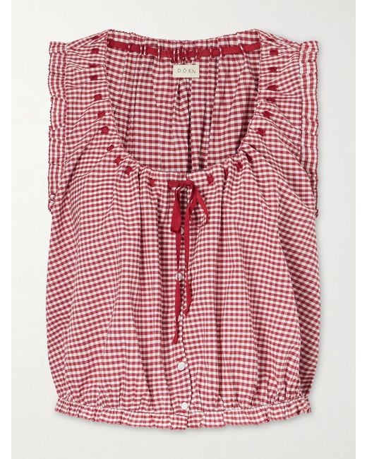 Doen Pink Traveler Gathered Checked Organic Cotton Blouse