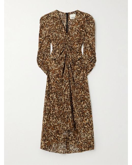 Isabel Marant Metallic Albini Gathered Leopard-Print Silk-Blend Midi Dress