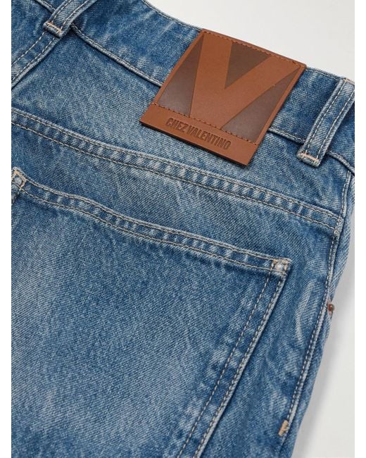 Valentino Garavani Blue Metallic Jacquard-Trimmed High-Rise Wide-Leg Jeans