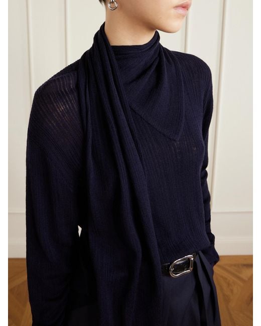 Maria McManus Blue Scarf-Detailed Ribbed Merino Wool Sweater