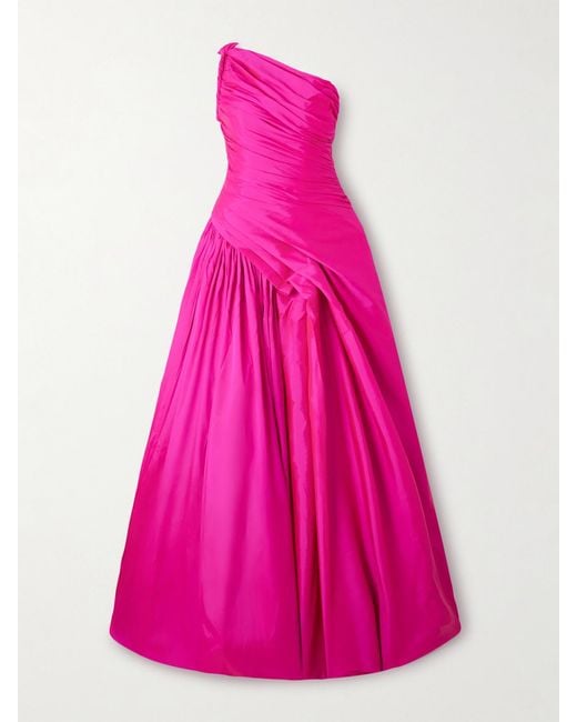 Marmar Halim Pink One-Shoulder Ruched Pleated Taffeta Gown