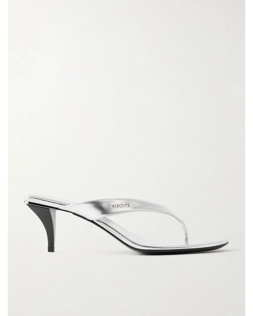 Gucci White Vittoria Logo-Embellished Metallic Leather Thong Sandals