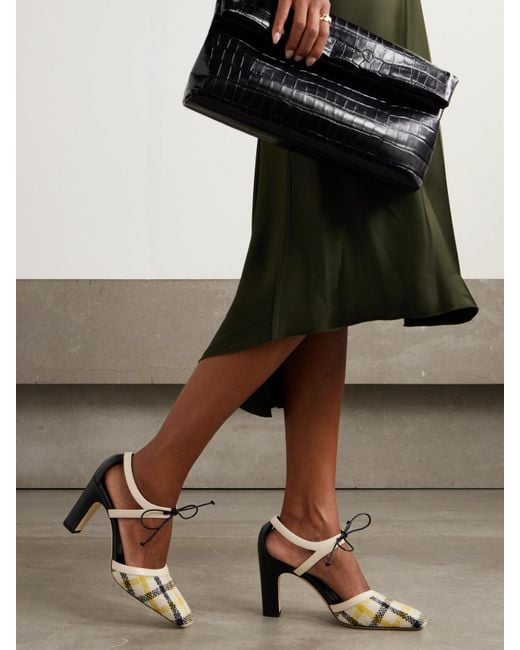 Manolo Blahnik Black Subura Leather-Trimmed Checked Wool Pumps