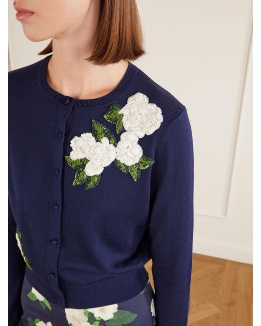 Carolina Herrera Blue Floral-Embellished Silk And Cotton-Blend Cardigan