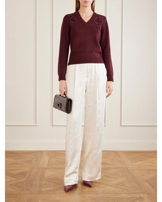 Self-Portrait White Pleated Satin Straight-Leg Pants