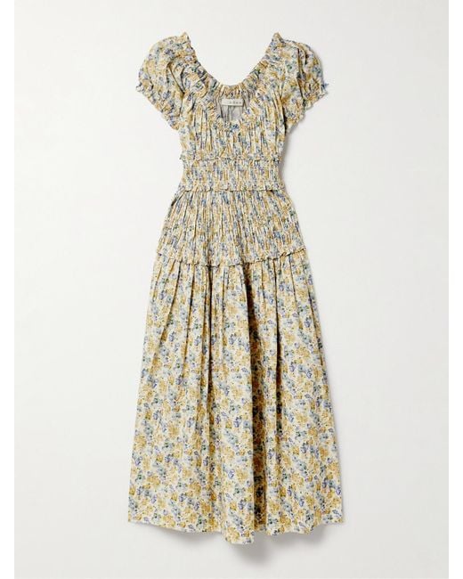 Doen White Leanne Shirred Floral-Print Cotton-Voile Midi Dress
