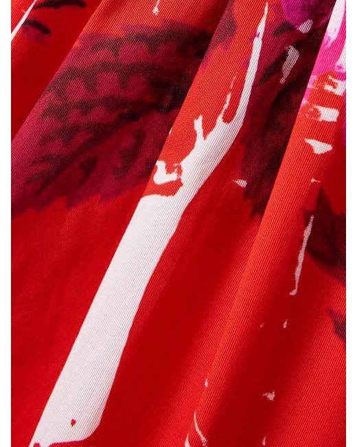 Erdem Red Off-The-Shoulder Pleated Printed Cotton-Faille Midi Dress